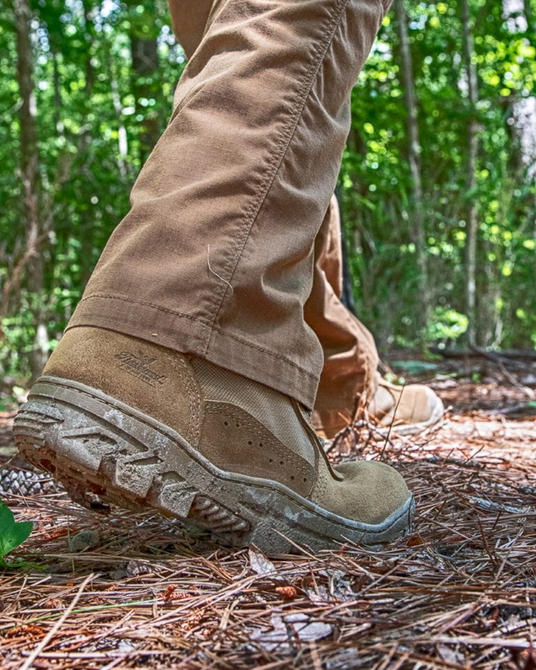 thorogood military boot walking in woods